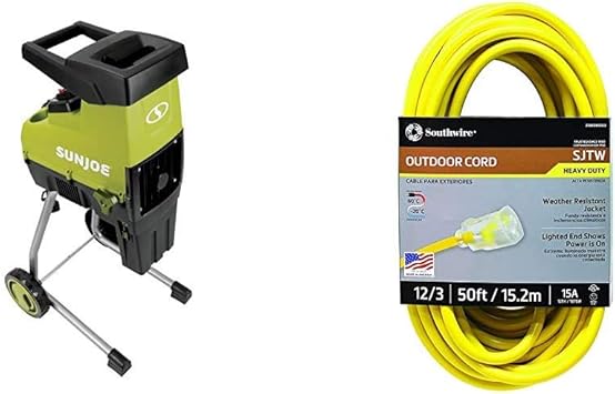 Green Southwire 2588sw0002 Outdoor Extension Cord Sun Joe Cj603e 15 Amp 1 7 Inch Cutting Diameter Electric Silent Wood Chipper Shredder 12 3 American Made Sjtw Heavy Duty 3 Prong Extension Cord Patio Lawn Garden