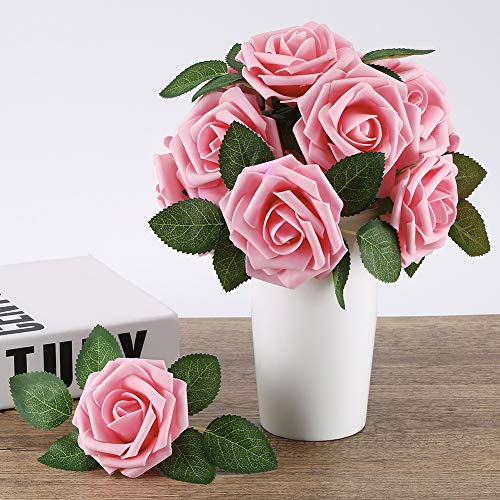 Higfra Artificial Flowers Pink Roses Real Looking Fake Roses w/Stem for DIY Wedding Bouquets Centerpieces Arrangements Party Baby Shower Home Decorations - Pink