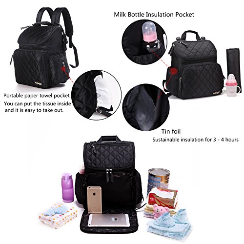 Gavarnie Diaper Backpack Smart Organizer Baby Nappy Bag Backpack with Insulated Pockets,Changing Pad,Stroller Straps,Fashion Lattice Quilted,Water Resistant Travel Daypacks for Women Men,Black