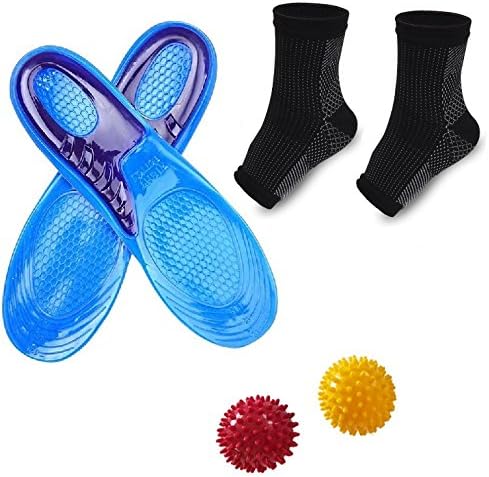 Foot Pain Relief Set w/ 2 x Spiky Massage Balls, 1 x Pair Gel Insoles &amp; 1 x Pair Ultra Protection Compression Socks - Trigger Point Therapy, Deep Tissue, Plantar Fasciitis, Muscle Knots, Yoga Therapy
