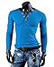 Mens Button Front Long-sleeve Solid Color Casual Slim Fit T-shirt Blue Medium