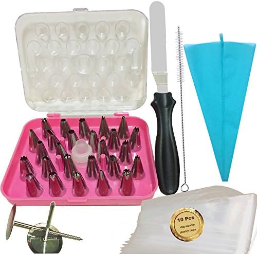 Aosheer 42 piece cake decorating kit with 26 icing tips, 1 silicone and 10 disposable pastry bags, 2 flower nail, 1 Reusable Plastic Couplers, 1 Cleaning Brusher, 1 Icing Spatula Baking Supplies Frost