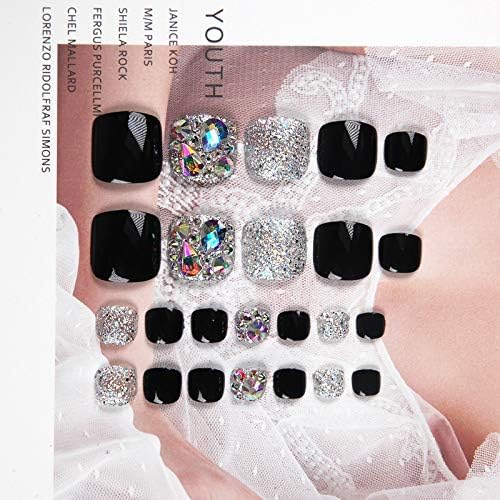 GAXIA HOME Black Silver False Nails Kit 24pcs Fake Nails with Glue Full Cover Medium Length
