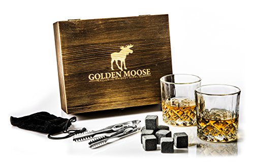 Whiskey Stones Gift Set â€“ 2 Whiskey Glasses (220ml), 8 Exclusive Whiskey Rocks & Velvet Bag + Tongs in a Elegant Wooden Gift Box â€“ By Golden Moose