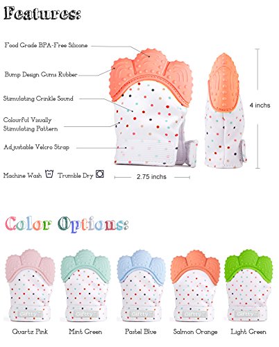 Baby Teething Mittens, Teething Glove for Baby, Smiling Teething Toys Mitten, Self-Soothing Stand on Hand mitt with Handy Travel Bag (Orange)