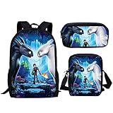 How to Train Your Dragon Pattern Backpack,Set 3 Pieces School Bookbag Lunchbox Pencil Bag