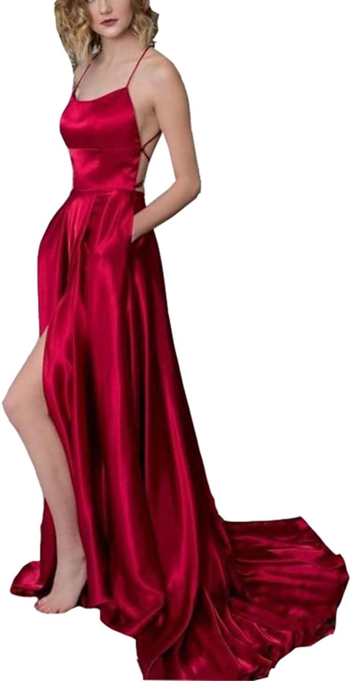 YMSHAWomen's Prom Dresses Long 2024 Satin Aline Slit Spaghetti Formal Evening Gowns with Pockets PM10