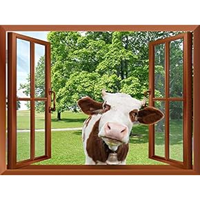 A Cow Sticking its Head into an Open Window | Removable Wall Sticker/Wall Mural - 24"x32"