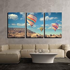 3 Piece Canvas Wall Art - Vintage Photo of Hot Air Balloon Flying Over Rock Landscape - Modern Home Art Stretched and Framed Ready to Hang - 16"x24"x3 Panels