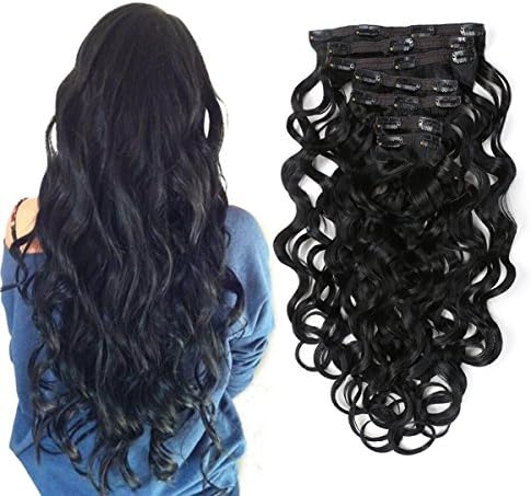 22” Clip in Hair Extensions Full Head Curly Wavy Hairpieces for Women 7pcs 140gram (Natural Black - 1B#)