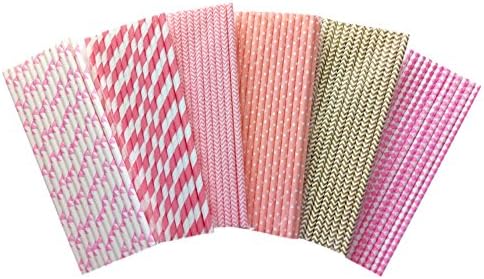 Fzopo Gold and Pink Stripe and Chevron Paper Straws 7.75 Inches Pack of 150