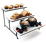 Food Serving Tray Set: 3 Tier Metal Display Stand with 3 White Rectangular Stoneware Platters | Perfect for Party Foods, Desserts, Cakes & Cupcakes by Chef's Medal