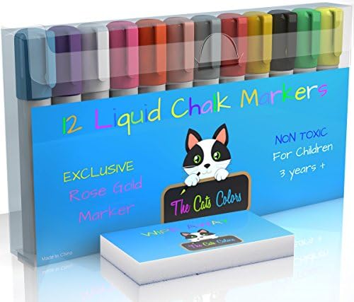 Chalk Marker &amp; Magic Eraser Set- 12 Colorful Erasable Glass Window Markers-40 Chalkboard Labels - Reversible Tips- Child Friendly - NON TOXIC -Neon &amp; Metallic Pens -Chisel &amp; Bullet Tips
