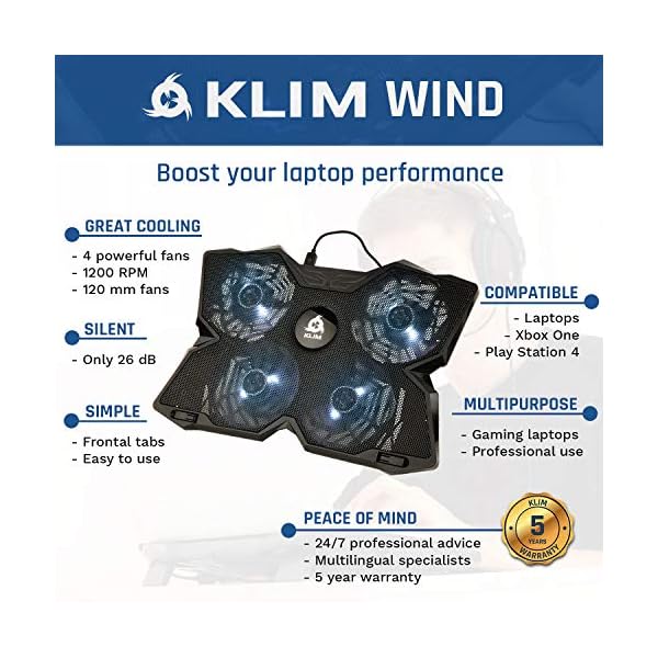 KLIM-Wind-Laptop-Cooling-Pad-The-Most-Powerful-Rapid-Action-Cooling-Fan-Laptop-Stand-with-4-Cooling-Fans-at-1200-RPM-USB-Fan-Compatible-New-2021-Version-White KLIM Wind Laptop Cooling Pad - More than 500 000 units sold - NEW 2023 - The Most Powerful Rapid Action Cooling Fan…