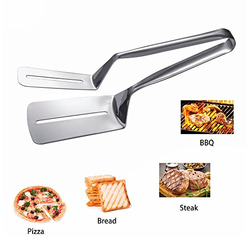 Clever NEW Spatula Tongs Great New Idea for Hamburgers, French Toast, Pancakes, Kitchen and Outdoor Grill. Premium 304 Stainless Steel, Thin to Slip Under Food, Long Handle For Safety