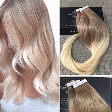 Full Shine 22" Tape in Hair Extensions Ombre Blonde Balayage Tape in Extensions Human Hair Remy Extensions Ombre Hair Dye Color #6 Fading to #613 Blonde 50g 20Pcs Per Package