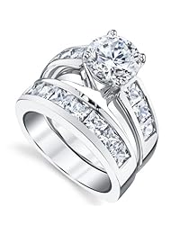 Set de anillos de compromiso de plata esterlina con ronda y corte princesa de circonia cúbica