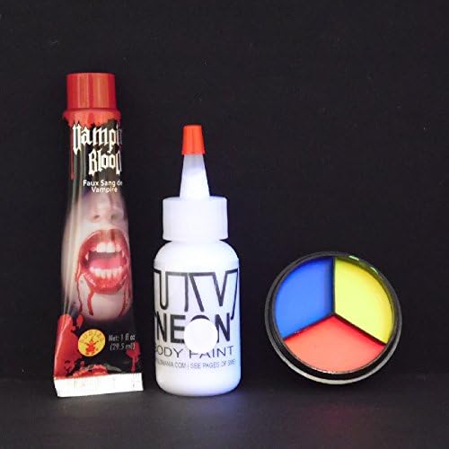 Broken China Doll Make Up Set for Halloween w/ UV Neon 3 Color Cream Palette, Body Paint, &amp; Blood, Black Light, Rave, Party