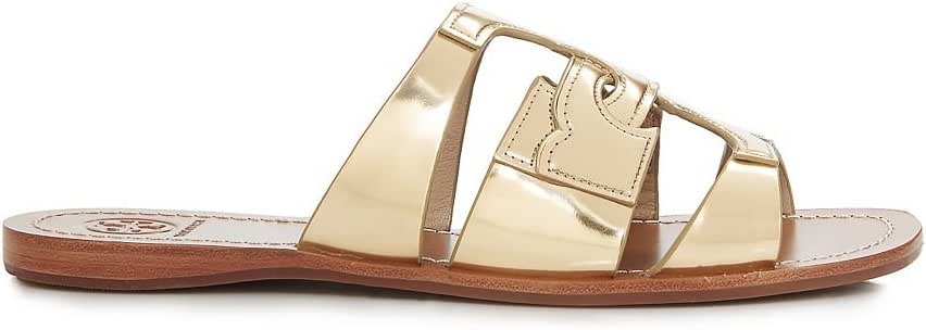 Amazon.com | Tory Burch Women's Leather Metallic Gold Anchor T Flat Slide Sandal (9, Light Gold 