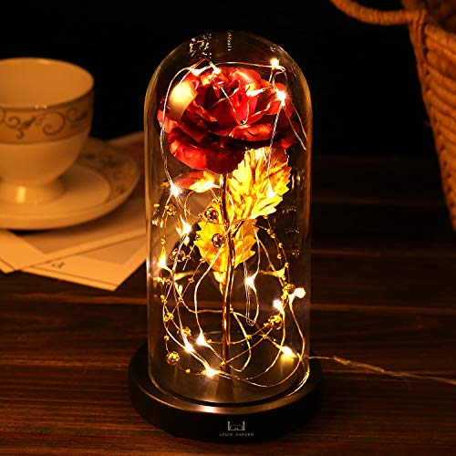 Louis-Garden-Beauty-and-The-Beast-Rose-Kit-Colorful-Gold-Foil-Rose-and-Led-Light-in-Glass-Dome-on-Black-Wooden-Base-for-Home-Decor-Holiday-Party-Wedding-Anniversary-24K-Red-Rose