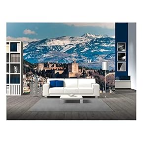 Winter View of Famous Alhambra in Front of Sierra Nevada Mountains Topped with Show - Removable Wall Mural | Self-Adhesive Large Wallpaper - 66x96 inches