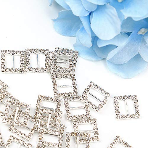 JETEHO Pack of 50 Square Silver Tone Diamante Crystal Rhinestone Buckle Chair Sash Ribbon Slider for Wedding Invitation Letter,15mm