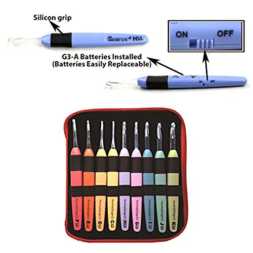 Lighted Crochet Hooks Set With Case Light Up Knitting Needles - Ergonomic Needles for Arthritic Hands - Set of 9 Pcs (Red)
