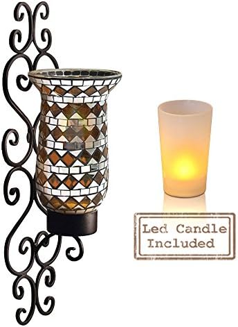 Glass Mosaic Wall Sconce on Designer Metal Base - Decorative Lighting for LED and Traditional Candles (Flameless Candle Included) - Design 2