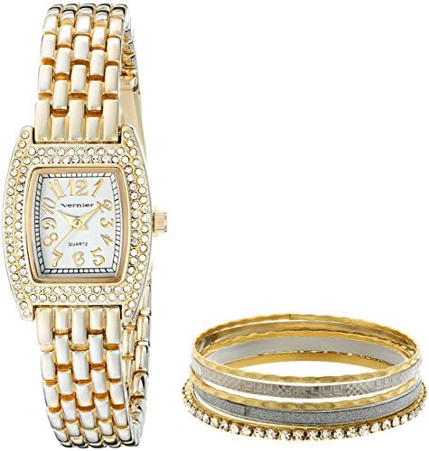 Vernier Women's VNR1000SET Crystal-Accented Gold-Tone Stainless Steel Watch Set
