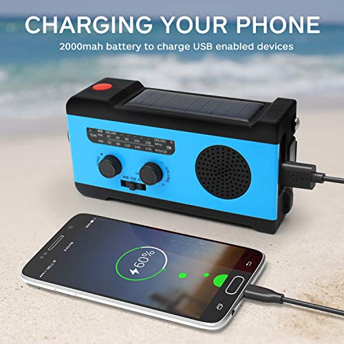 Emergency NOAA Weather Crank Solar Powered Portable Radio with 2000mAh Battery Power for Cell Phone, Bright Flashlight and SOS Alarm for Household Emergency and Outdoor Survival