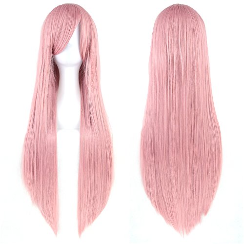 S-SSOY Women s 32" Smoke Pink Long Straight Full Wigs Heat Resistant Costume Synthetic Hair Hairpieces with Oblique Bangs for Halloween Anime Cosplay Party Girl Women +Wig Cap