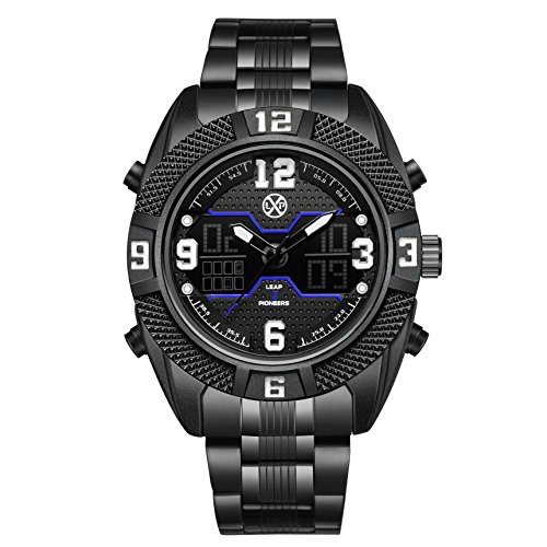 LEAP X PIONEERS Men's Waterproof Sport Dual Watch Backlight Wrist Watch with Stainless Steel Band White FLPB36GBBW