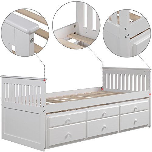 OCGIG Twin Rake Bed with Trundle Unit and Three Drawers Solid Wood US Stock,White