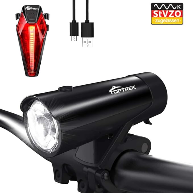 Toptrek Fahrradlicht StVZO Zugelassen LED Fahrradbeleuchtung Set akku USB Wiederaufladbare 50 Lux IPX5 Wasserdicht Samsung Li