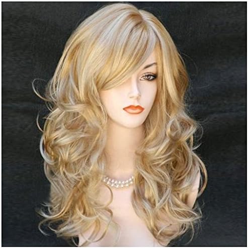 Women's Long Curly Wavy Heat Resistant Golden Blonde Synthetic As Real Human Hair Wigs (Golden)