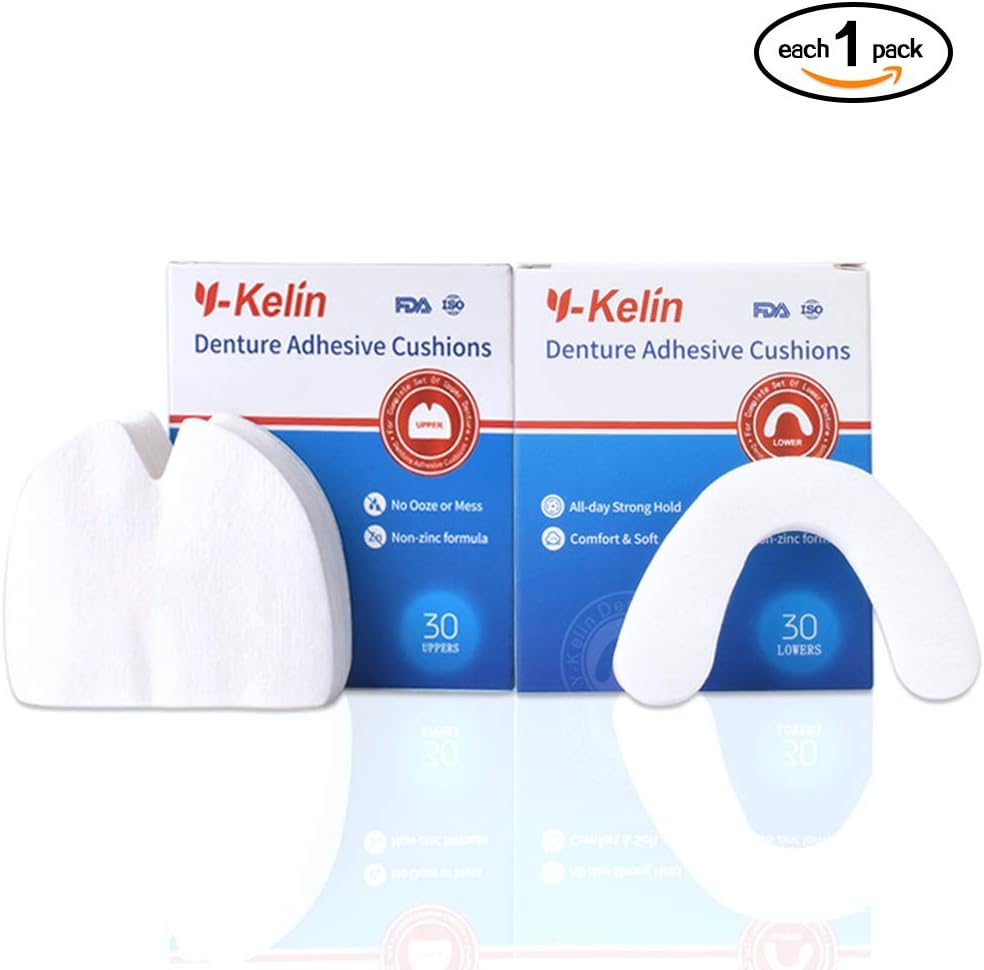 Y-Kelin Denture Adhesive Cushion Upper 30 Pads + Lower 30 Pads, each 1 pack, White
