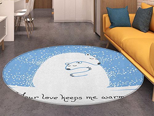 Animal Non Slip Round Rugs Mother Polar Bear Hugging Her Baby in the Snow North Winter Love Valentines Art Oriental Floor and Carpets Blue White