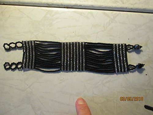 bracelet black silver multi strand statement wide flat bracelet hand loom beaded design fair trade beadwork seed beads elegant striped ethnic handmade
