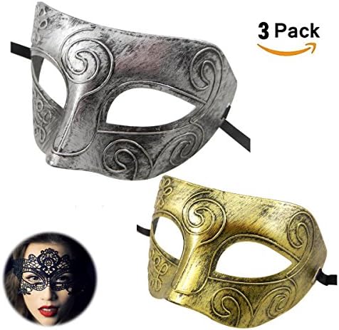 Masquerade Mask for Men Gold and Sliver Roman Warrior Men Venetian Mask Mardi Gras Party Costume Ball Mask Party Prom Mask with Free Women’s Lace Mask 3 Pack (Prince)