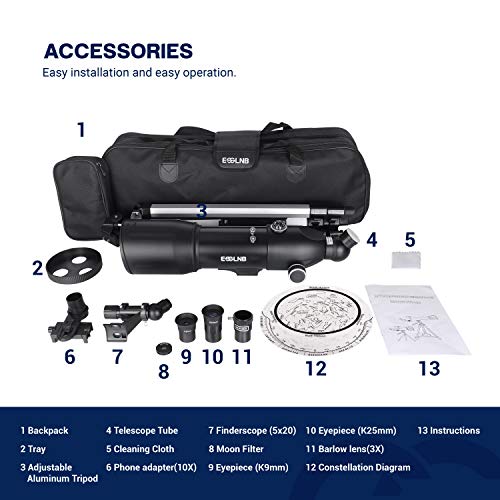 ESSLNB Telescopes for Adults Kids Astronomy Beginners 80mm Astronomy Telescopes with 10X Phone Mount Refractor Telescope Tripod and Case - Thumbnail 6
