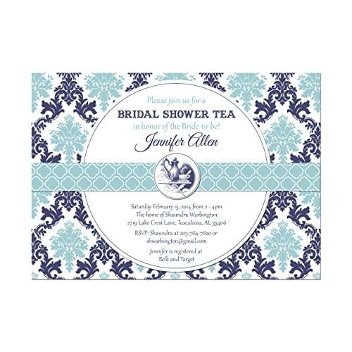 Blue Damask Bridal Shower Tea Party Invitations, Base price