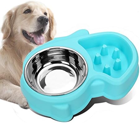 Slow Feed Dog Bowl with Stainless Steel Water Bowl 2 in 1 Interactive Stop Bloat Bowl for Dog Cat Blue