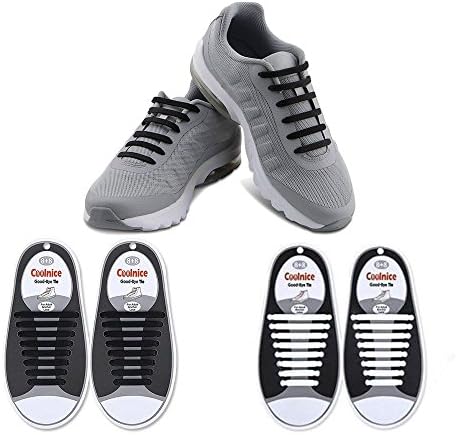 Cokatre No Tie Shoelaces for Kids and Adults, Elastic Shoelaces for Sneakers, Silicone Flat Tieless Running Shoe Laces (2-Pack Black - White)