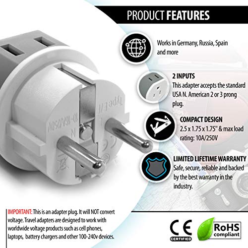 Germany, France, Schuko Power Plug Adapter by OREI with 2 USA Inputs - Travel 3 Pack- Type E/F (US-9 - //medicalbooks.filipinodoctors.org