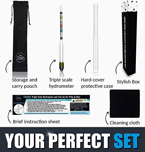 Chefast Hydrometer Kit for Wine, Beer, Mead and Kombucha - Combo Set of Triple-Scale Alcohol Hydrometer, Cleaning Cloth, and Storage Bag - ABV, Brix and Gravity Tester - Home Brewing Supplies