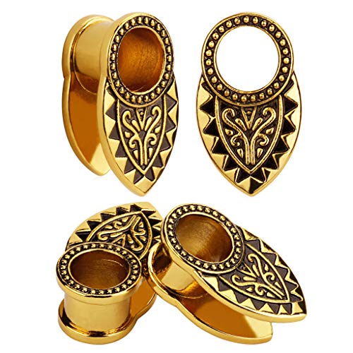 TBOSEN Gold & Black Tribal Ear Tunnels Aztec Plugs Copper Vintage Gauges Earrings Piercings Brass Clip Sold As a pair