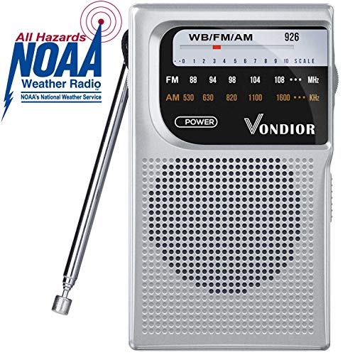 Emergency Weather Radio - NOAA/AM/FM Battery Operated Portable Radio with Best Reception and Longest Lasting Transistor. Powered by 2 AA Battery with Mono Headphone Socket, by Vondior (Silver)