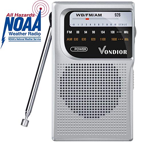 NOAA Weather Radio - Emergency NOAA/AM/FM Battery Operated Portable Radio with Best Reception and Longest Lasting Transistor. Powered by 2 AA Battery with Mono Headphone Socket, by Vondior (Silver) (Best Battery Powered Radio)