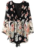 PERSUN Women Limited Black Floral Print Romper Playsuit with Long Flare Sleeves