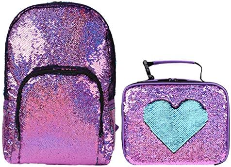 Glitter Flip Sequins School Backpack for Teen Girls Boys and Kids with Lunchbag Box, Fun&Fashion, Set of 2